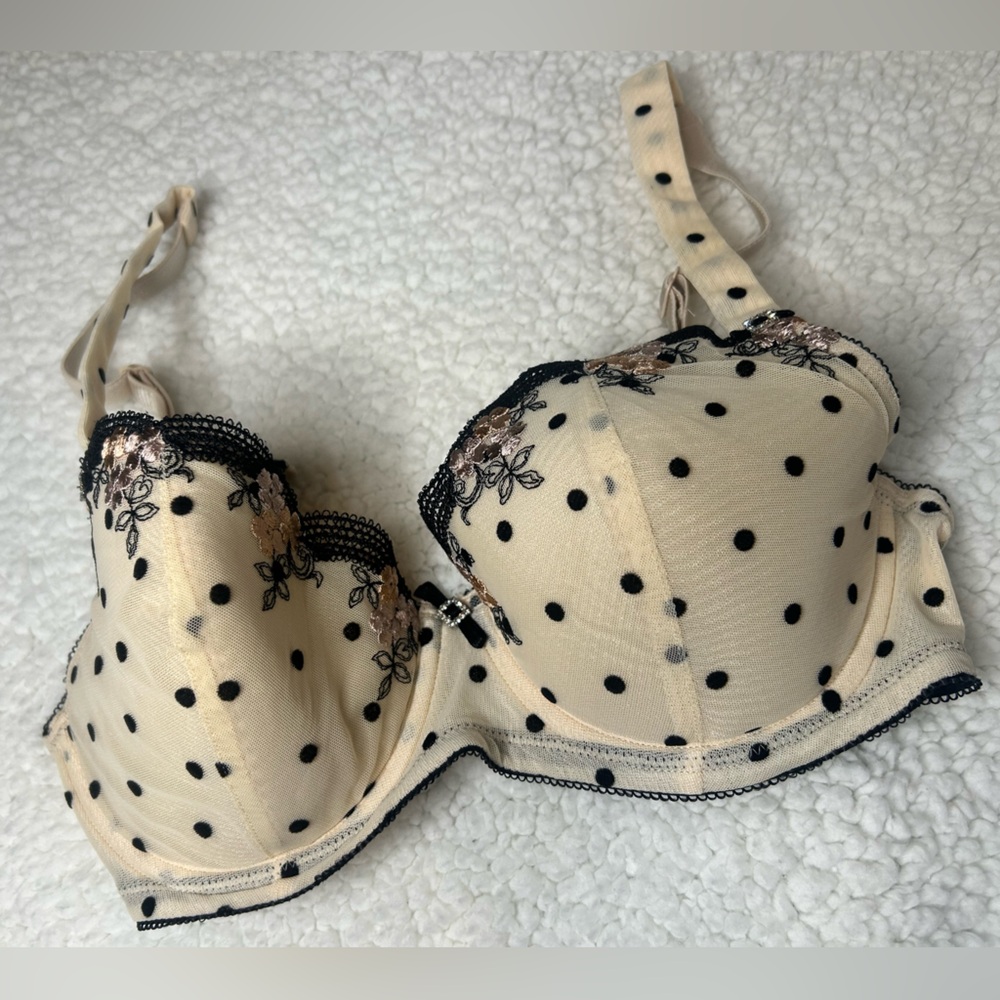 Felina Cream Polka Dot Floral Lace Underwire Bra with Black Accents NWOT 32D